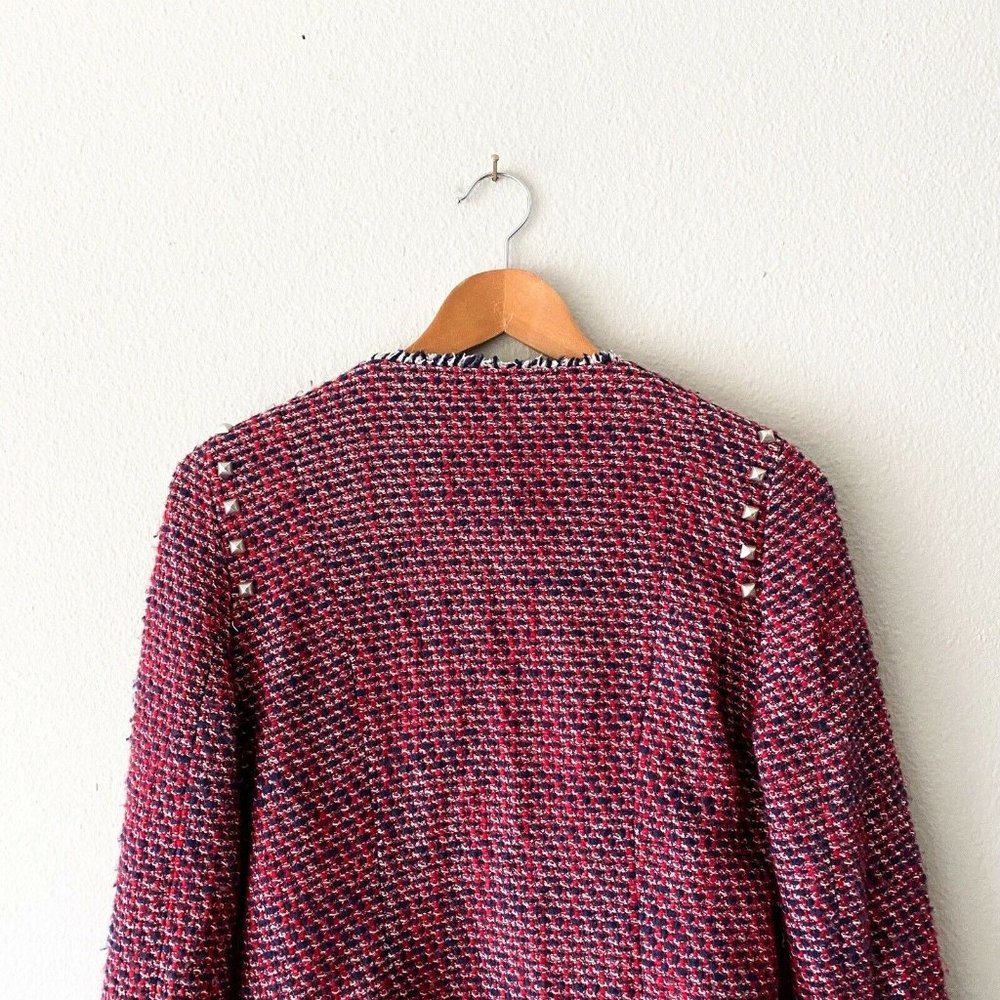 Zara Trafaluc red blue studded jacket frayed cotton acrylic L - Picture 6 of 9